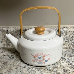 Floral White Teapot with Wooden Handle